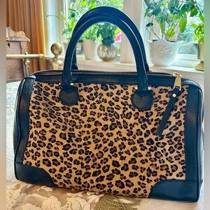Leather Satchel Bag with leopard print cowhide.